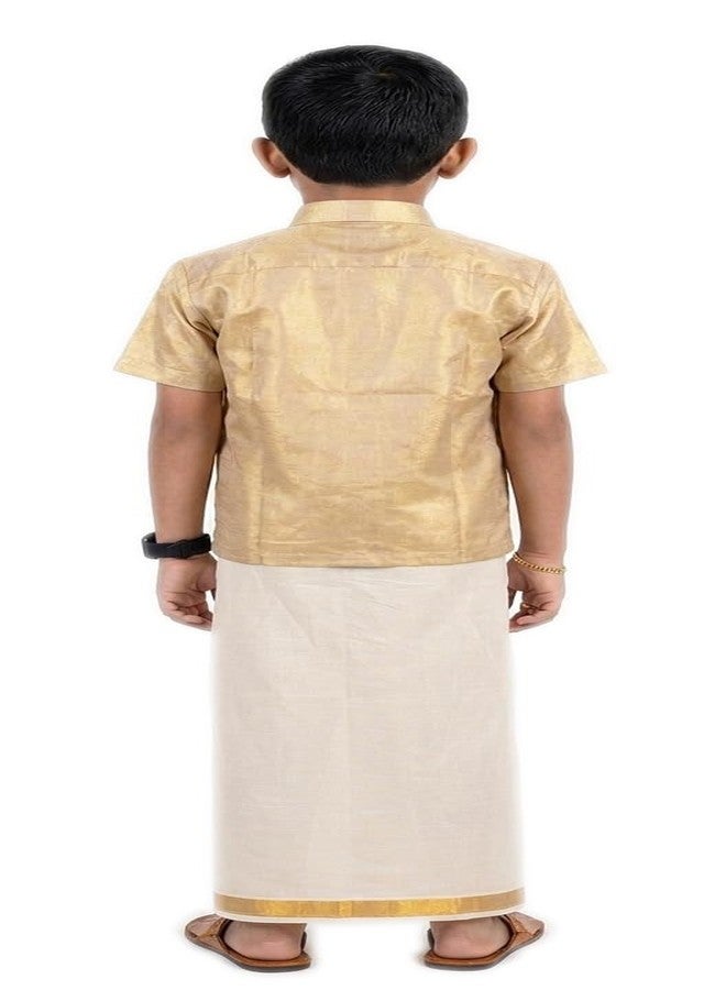 YETTALAN® Boys Gold Tissue Half Sleeve Print Shirt & Ready to Wear Cotton Dhoti Set | Kerala Traditional Ethnic Wear for Vishu Onam Festivals (Kanikonna Flower, 1-2 Years) - Image 2