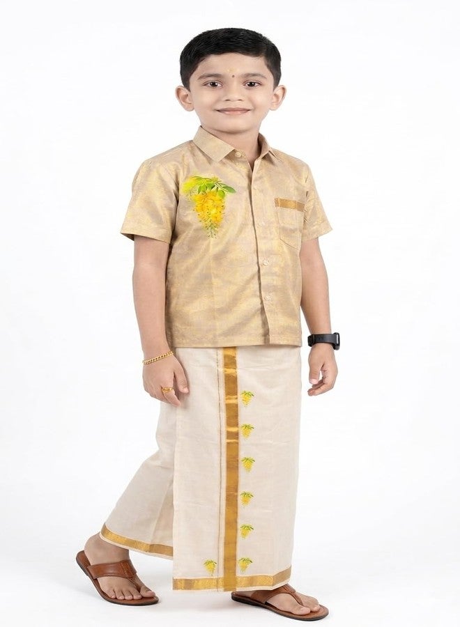 YETTALAN® Boys Gold Tissue Half Sleeve Print Shirt & Ready to Wear Cotton Dhoti Set | Kerala Traditional Ethnic Wear for Vishu Onam Festivals (Kanikonna Flower, 1-2 Years) - Image 4