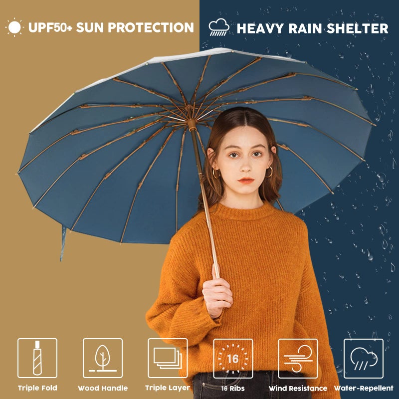 Sun/Rain Compact Umbrella, UPF 50 UV Protection 16 Fibreglass Ribs Super Windproof Folding Umbrella Parasol, Sun Blocking Travel Golf UV Umbrella - Image 3