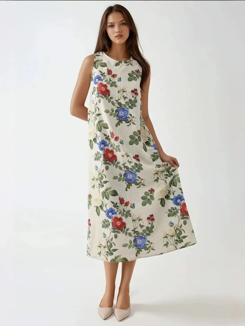 زوبعة فستان ميدي بياقة دائرية بدون أكمام بملمس الكتان