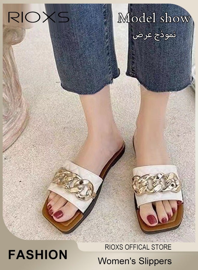 RIOXS Women's Summer Flat Slippers, Non-Slip Open-toe Beach Sandals, Plain Sliders with Metal Chain, Soft Thick-soled Sandals, Fashionable Women's Slide Sandal for Indoor Or Outdoor Use, Easy to Wear for All Day Long  - Image 1