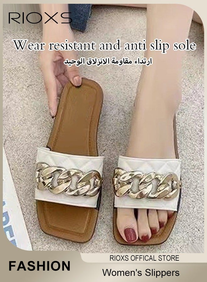 RIOXS Women's Summer Flat Slippers, Non-Slip Open-toe Beach Sandals, Plain Sliders with Metal Chain, Soft Thick-soled Sandals, Fashionable Women's Slide Sandal for Indoor Or Outdoor Use, Easy to Wear for All Day Long  - Image 3