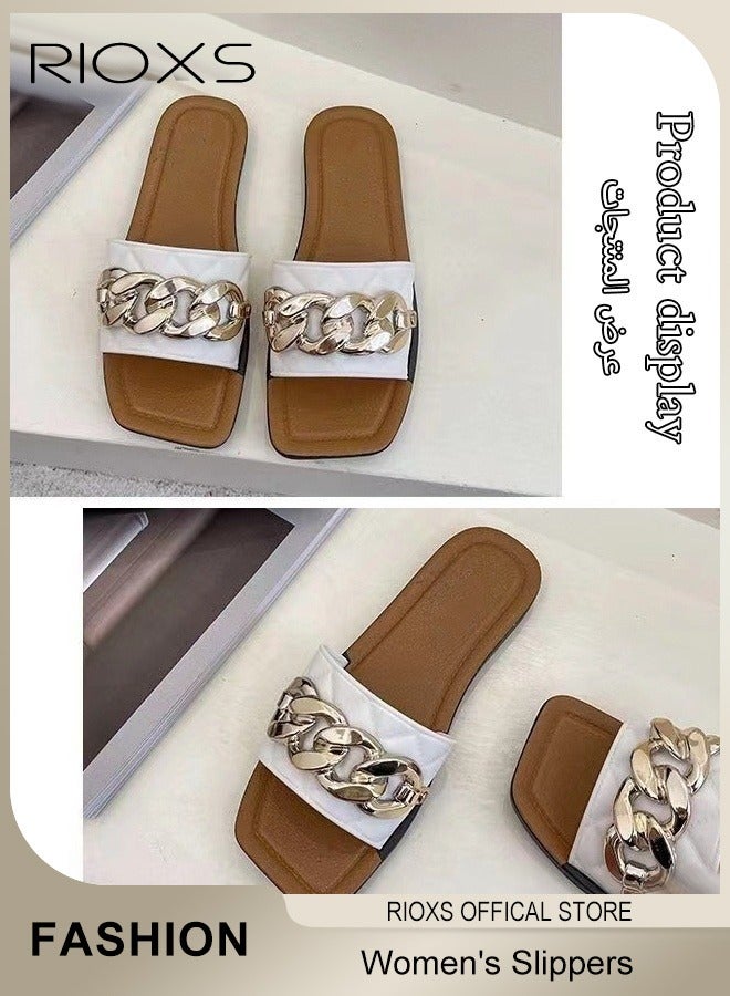 RIOXS Women's Summer Flat Slippers, Non-Slip Open-toe Beach Sandals, Plain Sliders with Metal Chain, Soft Thick-soled Sandals, Fashionable Women's Slide Sandal for Indoor Or Outdoor Use, Easy to Wear for All Day Long  - Image 5