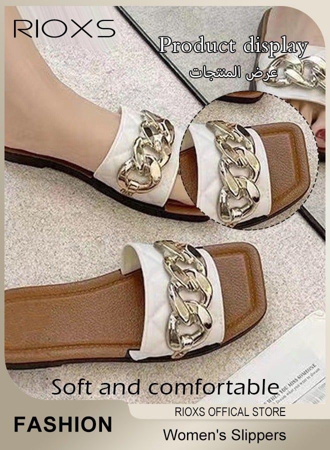 RIOXS Women's Summer Flat Slippers, Non-Slip Open-toe Beach Sandals, Plain Sliders with Metal Chain, Soft Thick-soled Sandals, Fashionable Women's Slide Sandal for Indoor Or Outdoor Use, Easy to Wear for All Day Long  - Image 4