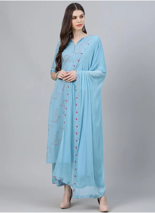 لباس Printed Kurta with Palazzo and Chiffon Solid Dupatta Set by Styli