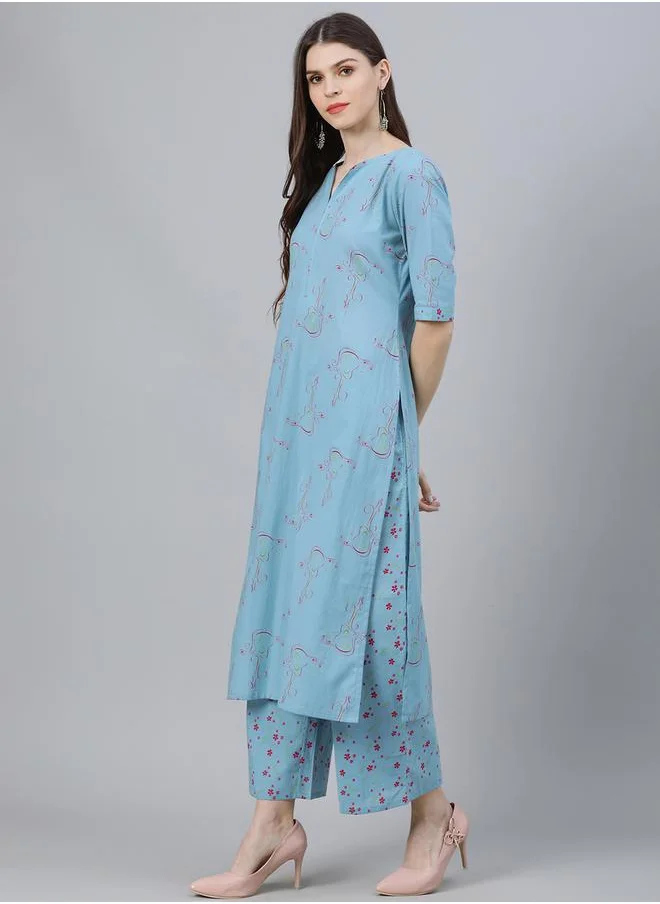 لباس Printed Kurta with Palazzo and Chiffon Solid Dupatta Set by Styli