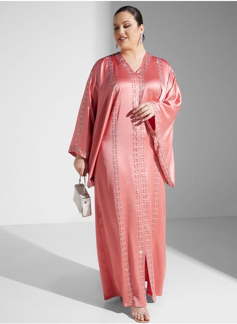 Plus size bell sleeved abaya with shimmer detail  sheila