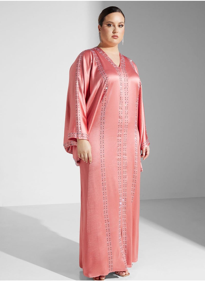 Khizana - Plus size bell sleeved abaya with shimmer detail  sheila - Image 1