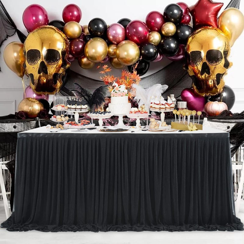Suppromo 6ft Black Table Skirt for Birthday Party Ruffle Tutu Table Skirt Tulle Tablecloth for Graduation Baby Shower Wedding Black Gold Theme Party Dessert Buffet Banquet Table Decorations Supplies - Image 3
