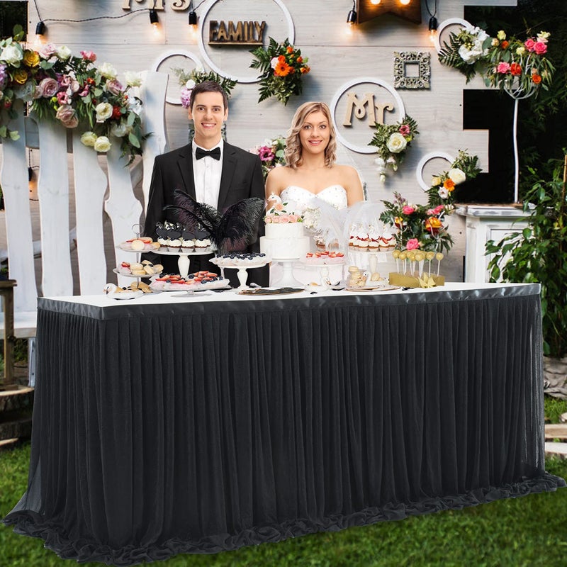 Suppromo 6ft Black Table Skirt for Birthday Party Ruffle Tutu Table Skirt Tulle Tablecloth for Graduation Baby Shower Wedding Black Gold Theme Party Dessert Buffet Banquet Table Decorations Supplies - Image 4