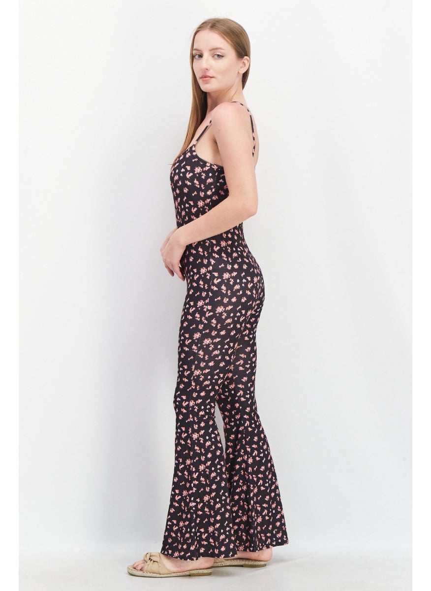 Vintage Supply - Women Floral Print Sleeveless Jumpsuit, Black - Image 1