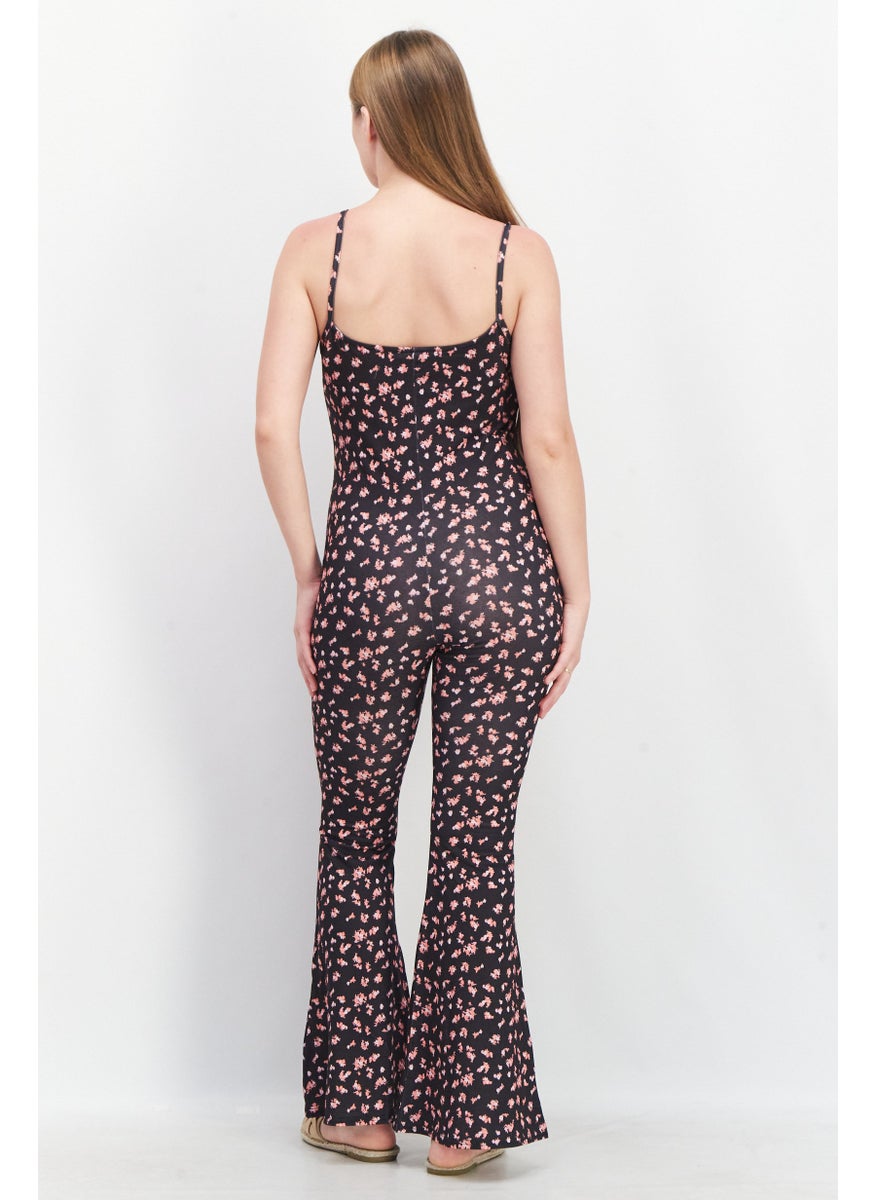 Vintage Supply - Women Floral Print Sleeveless Jumpsuit, Black - Image 1