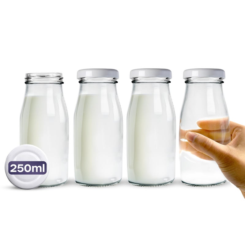 volila Glass Milk Bottles with Lids  4 Pack x 250ml Glass Bottles with Lids Labels and Pen  Reusable Milk Bottle for Juices Dressings Sauces Beverages Decoration and Storage White Lid