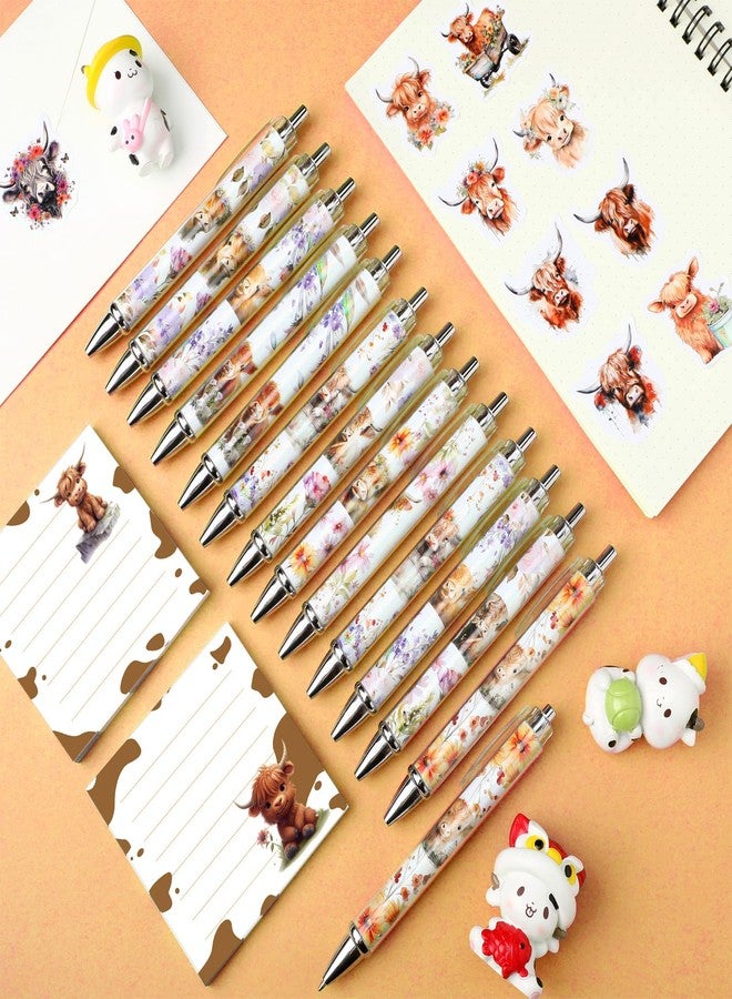 Motipuns 18 Pcs Cute Highland Cow Gifts Set Including 14 Highland Cow Print Pens 2 Sticky Notes 60 Stickers Animal Lover Gift Office Supplies for Student Teacher Employee Staff - Image 4