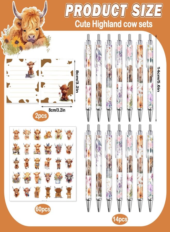 Motipuns 18 Pcs Cute Highland Cow Gifts Set Including 14 Highland Cow Print Pens 2 Sticky Notes 60 Stickers Animal Lover Gift Office Supplies for Student Teacher Employee Staff - Image 2