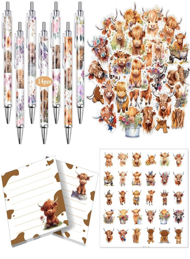 Motipuns 18 Pcs Cute Highland Cow Gifts Set Including 14 Highland Cow Print Pens 2 Sticky Notes 60 Stickers Animal Lover Gift Office Supplies for Student Teacher Employee Staff - Image 1