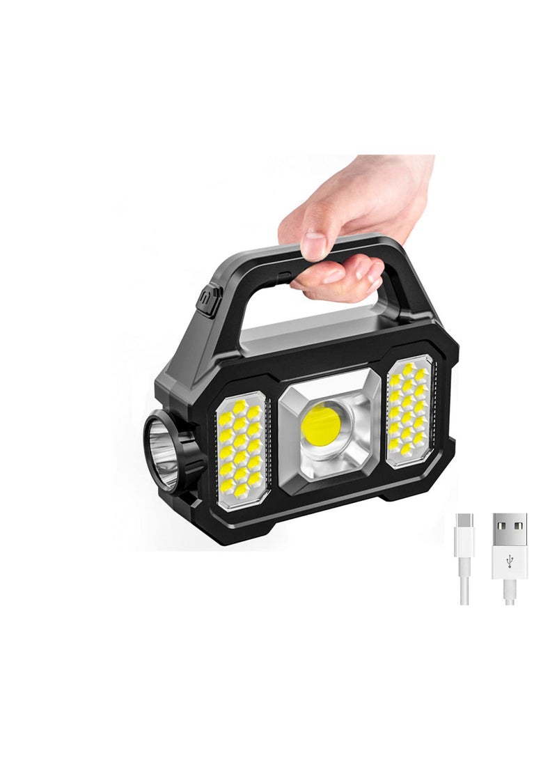 Solar Handheld Flashlight with USB Cable, 6 Modes Rechargeable Multifunction Lights Super Bright LED Searchlight, Lightweight Waterproof Portable Spotlight for Outdoor Camping Emergencies - Image 1
