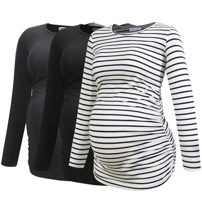 Smallshow Womens Maternity Shirts Long Sleeve Pregnancy Clothes Tops 3Pack Small BlackDeep GreyWhite Stripe