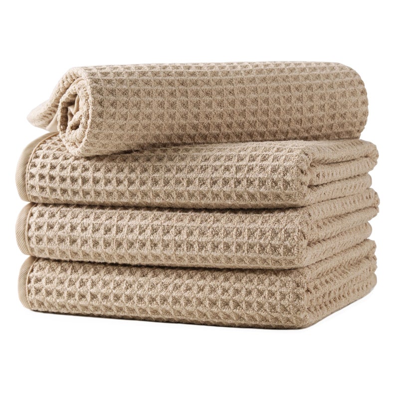 MICROFI Microfiber Waffle Hand Towels, 4 Pieces, Soft, Absorbent, Fast Drying, Lint Free (Beige) - Image 1