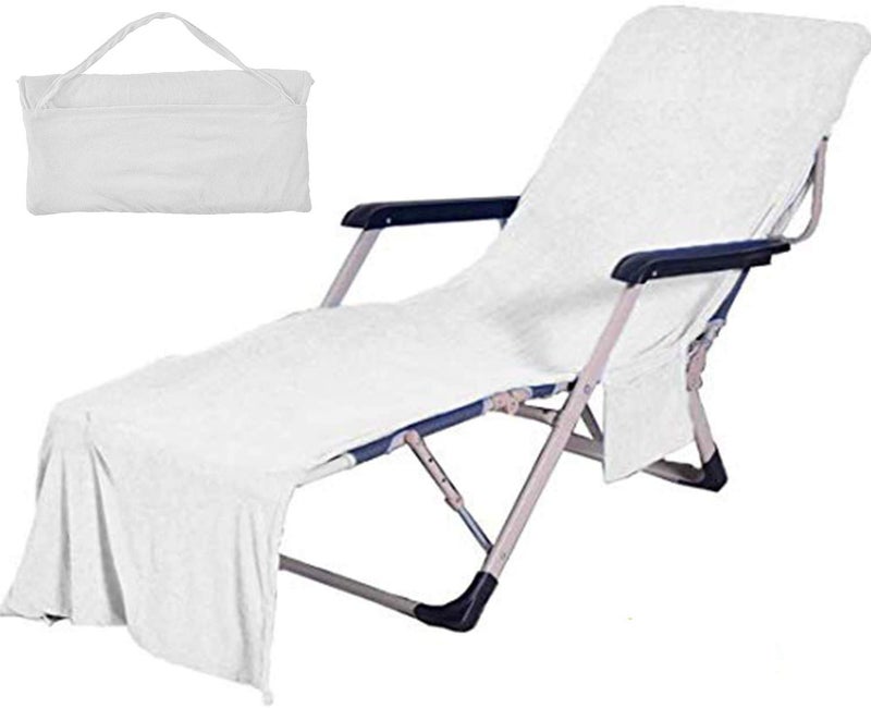 VOCOOL Chaise Lounge Pool Chair Cover Beach Towel Fitted Elastic Pocket Won't Slide 85" L x 30" W-White - Image 1