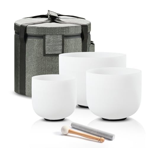 CVNC 432HZ 6"A Third-eye, 7"C Root, 8"F Heart Frosted Quartz Crystal Singing Bowl Chakra Set of 3 with Carry Case Bag for Sound Healing and Meditation - Image 1
