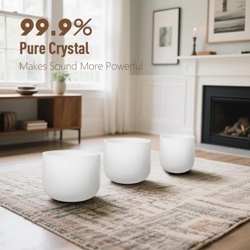 CVNC 432HZ 6"A Third-eye, 7"C Root, 8"F Heart Frosted Quartz Crystal Singing Bowl Chakra Set of 3 with Carry Case Bag for Sound Healing and Meditation - Image 3