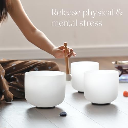 CVNC 432HZ 6"A Third-eye, 7"C Root, 8"F Heart Frosted Quartz Crystal Singing Bowl Chakra Set of 3 with Carry Case Bag for Sound Healing and Meditation - Image 2