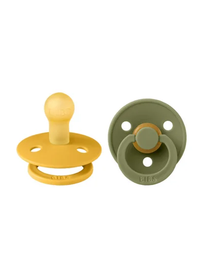 BIBS Pack of 2 Colour Soother Bpa Free Dummy Pacifier, Round Natural Rubber Latex, Size 1 (0 - 6 Months ), Honey Bee/Olive