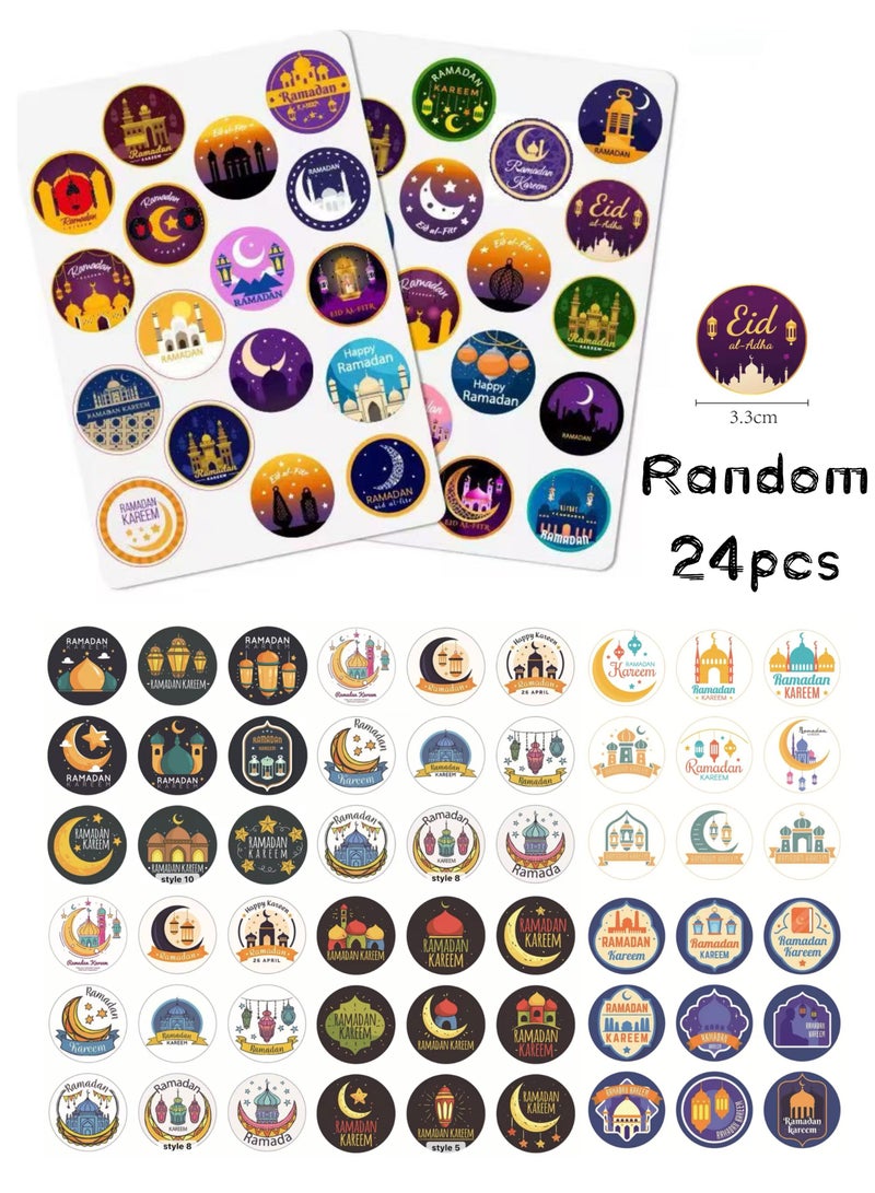 24 قطعة من أكياس الهدايا الورقية السوداء بمقبض مريح وملصقات رمضان كريم الزخرفية (24 قطعة عشوائية) - Image 5