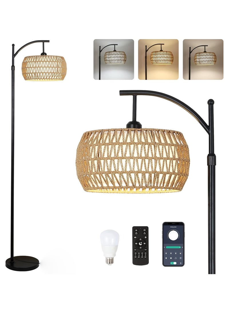 Floor Lamp,Arc Floor Lamp for Living Room with 3 Color Temperatures, Farmhouse Floor Lamps with Remote & Dimmable Bulb, Boho Standing Lamp with Rattan & Fabric Shades, Adjustable Tall Lamp for Bedroom, Office - Image 1