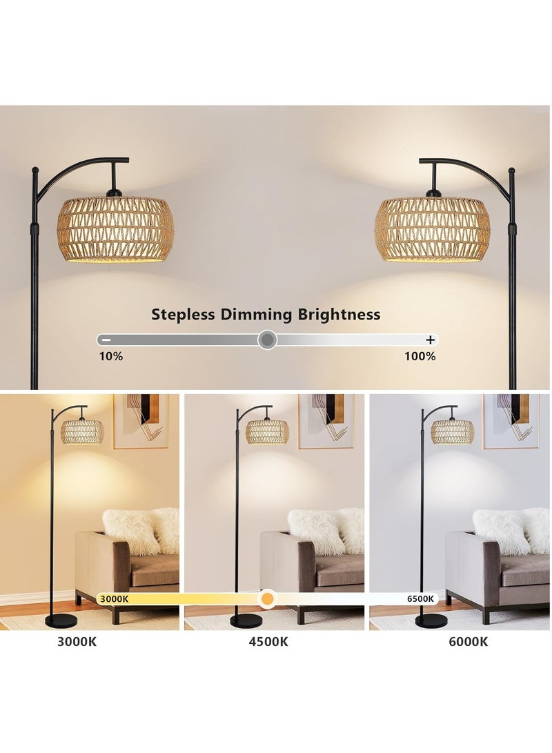 Floor Lamp,Arc Floor Lamp for Living Room with 3 Color Temperatures, Farmhouse Floor Lamps with Remote & Dimmable Bulb, Boho Standing Lamp with Rattan & Fabric Shades, Adjustable Tall Lamp for Bedroom, Office - Image 2