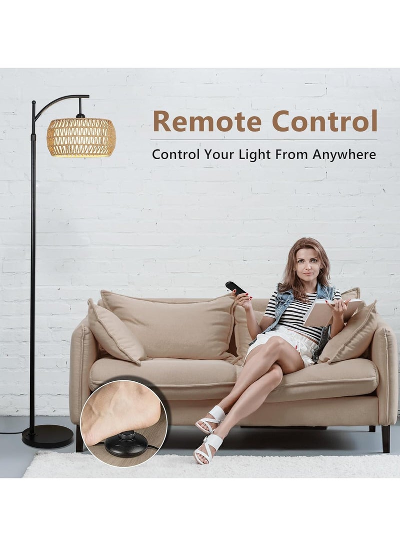 Floor Lamp,Arc Floor Lamp for Living Room with 3 Color Temperatures, Farmhouse Floor Lamps with Remote & Dimmable Bulb, Boho Standing Lamp with Rattan & Fabric Shades, Adjustable Tall Lamp for Bedroom, Office - Image 3