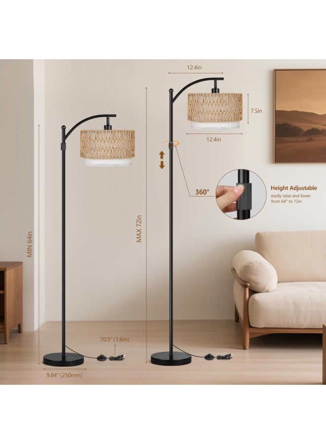 Floor Lamp,Arc Floor Lamp for Living Room with 3 Color Temperatures, Farmhouse Floor Lamps with Remote & Dimmable Bulb, Boho Standing Lamp with Rattan & Fabric Shades, Adjustable Tall Lamp for Bedroom, Office - Image 3
