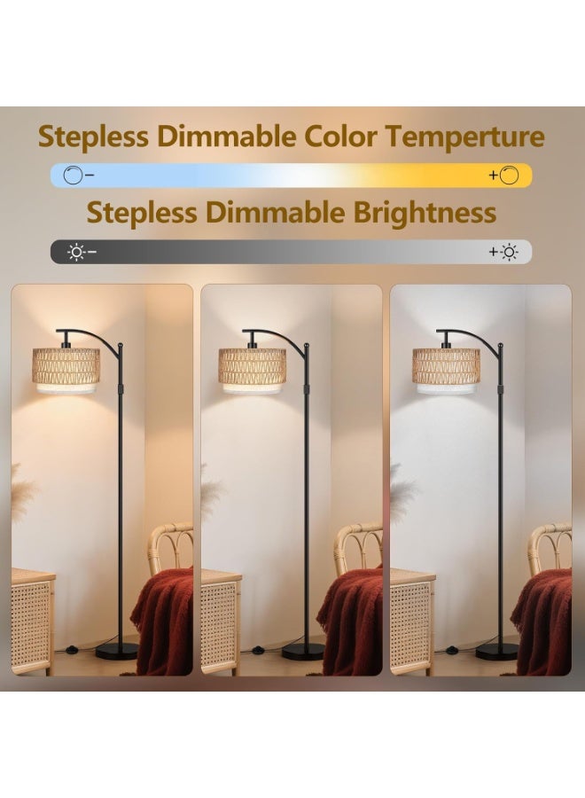 Floor Lamp,Arc Floor Lamp for Living Room with 3 Color Temperatures, Farmhouse Floor Lamps with Remote & Dimmable Bulb, Boho Standing Lamp with Rattan & Fabric Shades, Adjustable Tall Lamp for Bedroom, Office - Image 2