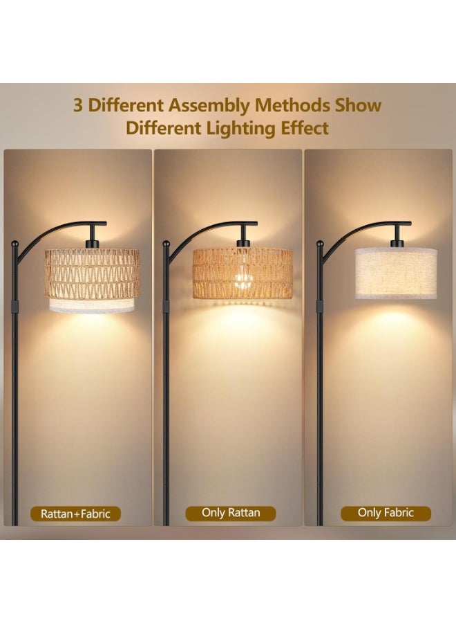 Floor Lamp,Arc Floor Lamp for Living Room with 3 Color Temperatures, Farmhouse Floor Lamps with Remote & Dimmable Bulb, Boho Standing Lamp with Rattan & Fabric Shades, Adjustable Tall Lamp for Bedroom, Office - Image 4