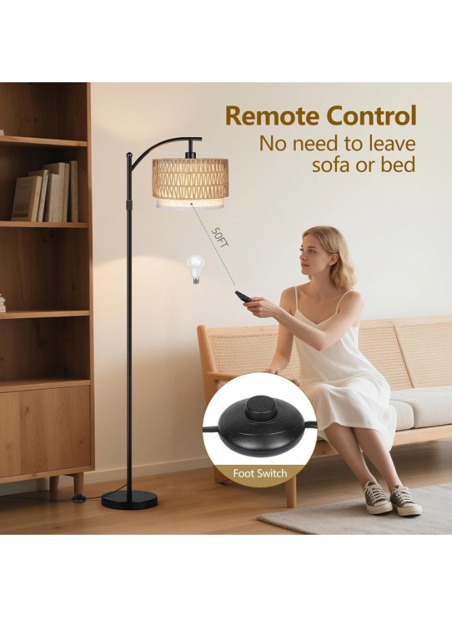 Floor Lamp,Arc Floor Lamp for Living Room with 3 Color Temperatures, Farmhouse Floor Lamps with Remote & Dimmable Bulb, Boho Standing Lamp with Rattan & Fabric Shades, Adjustable Tall Lamp for Bedroom, Office - Image 5