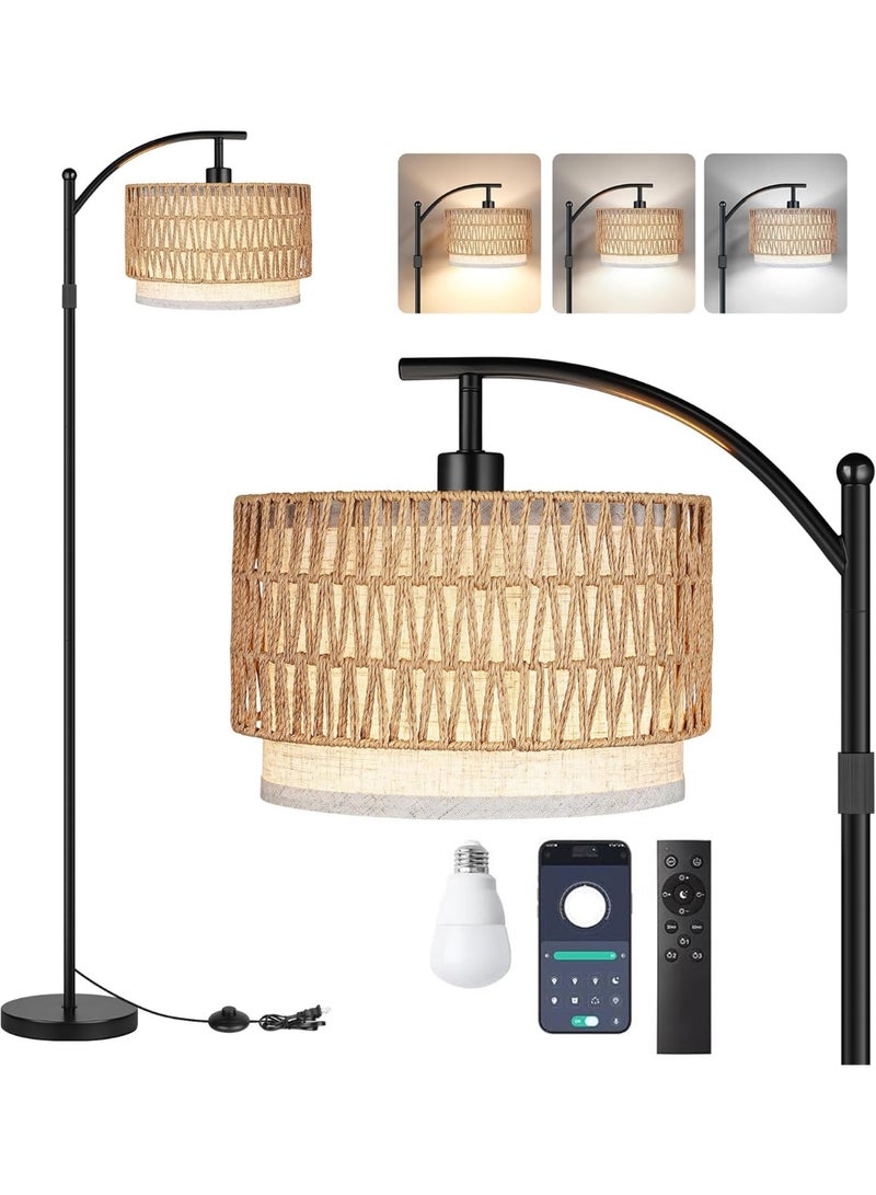 Floor Lamp,Arc Floor Lamp for Living Room with 3 Color Temperatures, Farmhouse Floor Lamps with Remote & Dimmable Bulb, Boho Standing Lamp with Rattan & Fabric Shades, Adjustable Tall Lamp for Bedroom, Office - Image 1