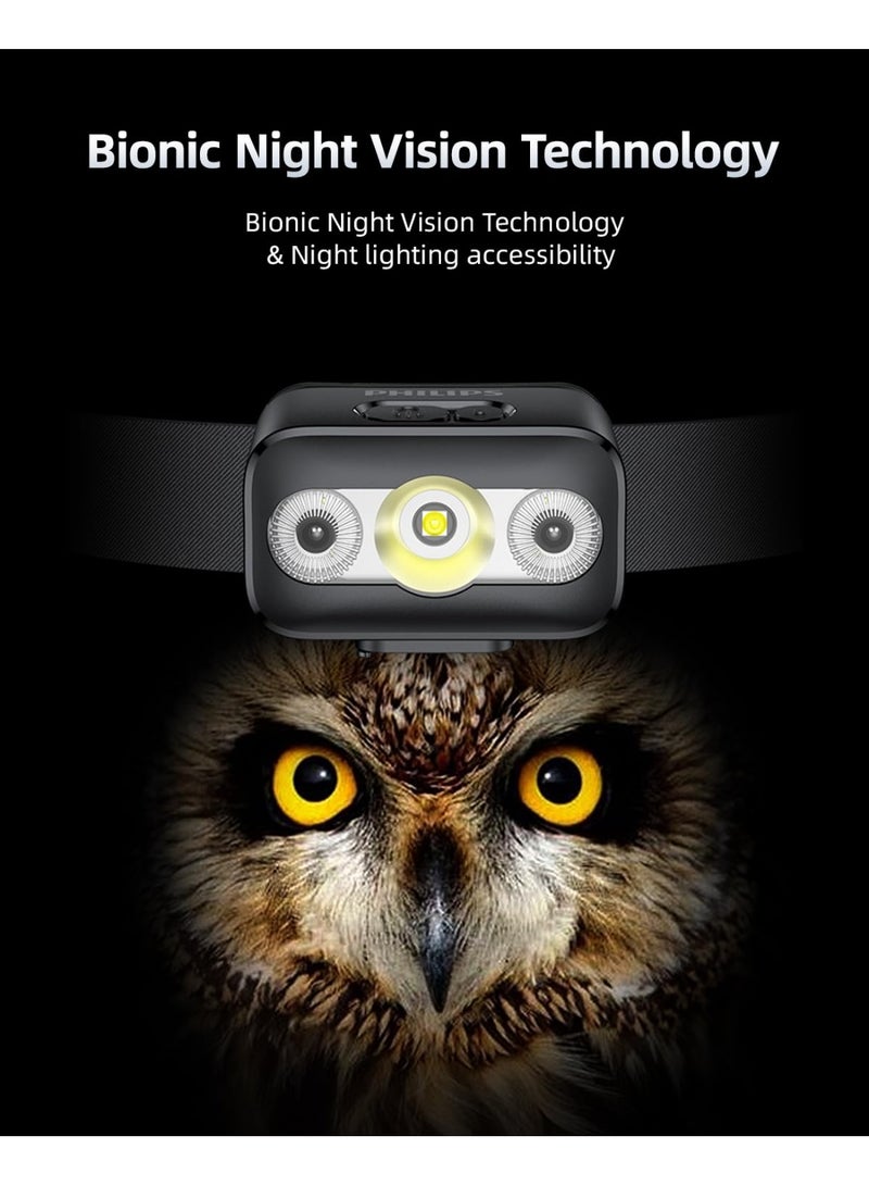 Philips 5W Rechargeable LED Headlamp | 1000mAh Battery | Hands-Free Gesture Control | 140° Adjustable Tilt | 10 Lighting Modes with Strobe & SOS | Type-C Charging | Splash-Proof Design | Headlight for Camping, Hiking, Fishing & Cycling black - Image 3