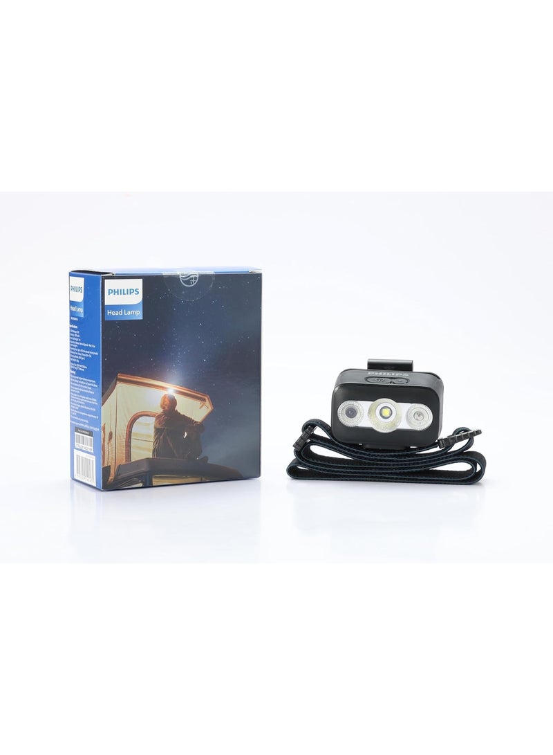 Philips 5W Rechargeable LED Headlamp | 1000mAh Battery | Hands-Free Gesture Control | 140° Adjustable Tilt | 10 Lighting Modes with Strobe & SOS | Type-C Charging | Splash-Proof Design | Headlight for Camping, Hiking, Fishing & Cycling black - Image 1
