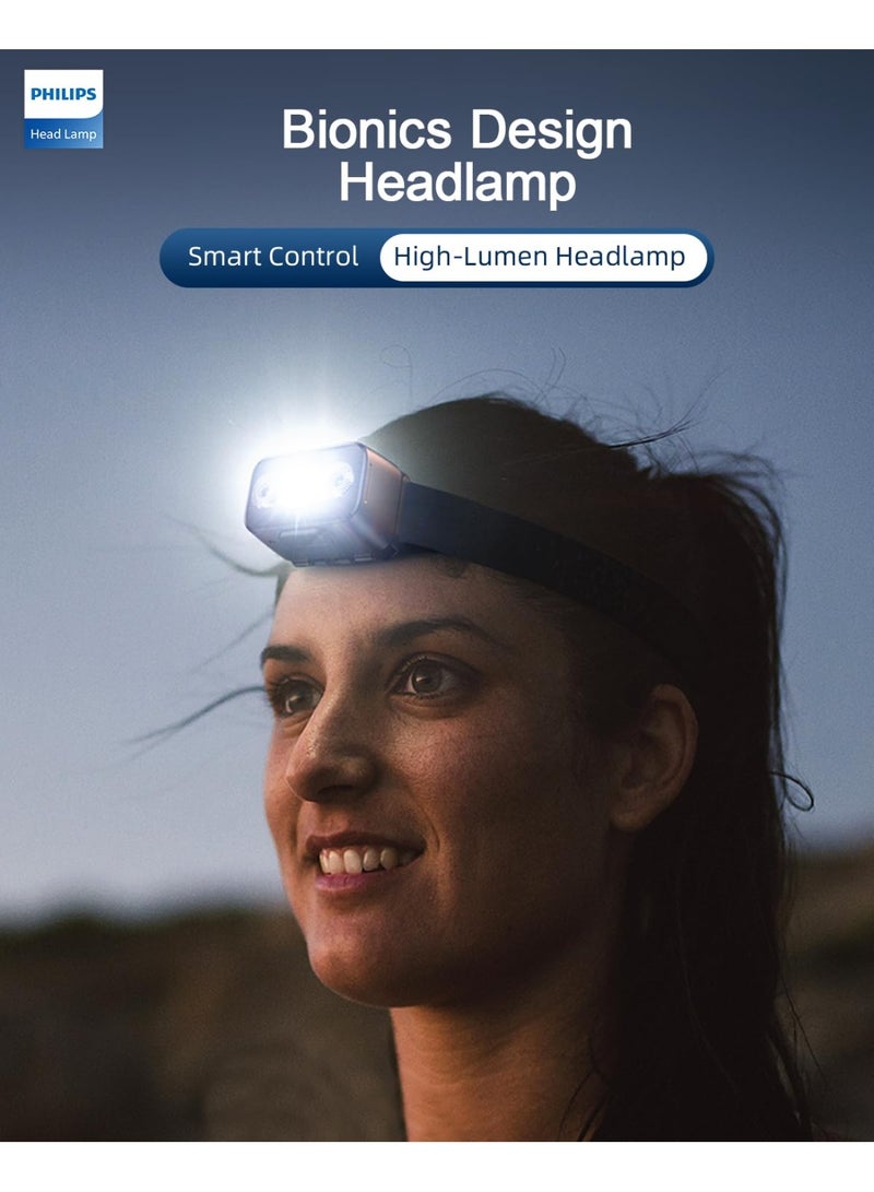 Philips 5W Rechargeable LED Headlamp | 1000mAh Battery | Hands-Free Gesture Control | 140° Adjustable Tilt | 10 Lighting Modes with Strobe & SOS | Type-C Charging | Splash-Proof Design | Headlight for Camping, Hiking, Fishing & Cycling black - Image 2
