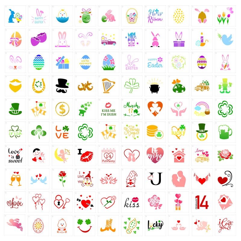 Fainne 100 Pcs 2 Inch Stencils Small Stencils for Painting on Wood Reusable Painting Templates Crafts for DIY Scrapbook, Wood, Wall, Fabric, Rock, Chalkboard, Sign(Bunny, Shamrocks, Heart) - Image 1