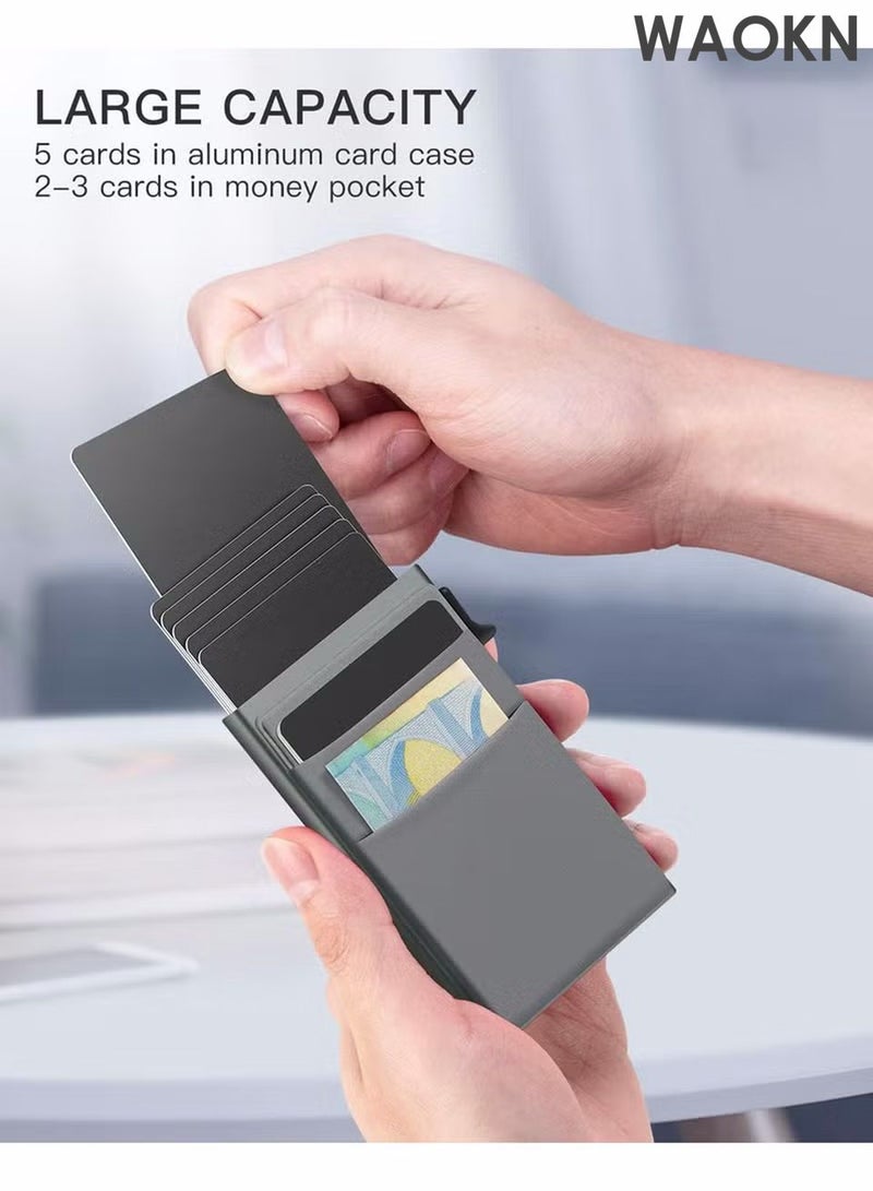 دبليو أيه أو كي أن محفظة حامل بطاقات، محفظة منبثقة بسيطة للرجال مزودة بخاصية حجب RFID، محفظة بطاقات ائتمان رفيعة للأعمال مع جيب للنقود، حافظة بطاقات بنكية من معدن الألومنيوم بتصميم أسود لحمل العملات النقدية وبطاقات الائتمان من Airtag - Image 4