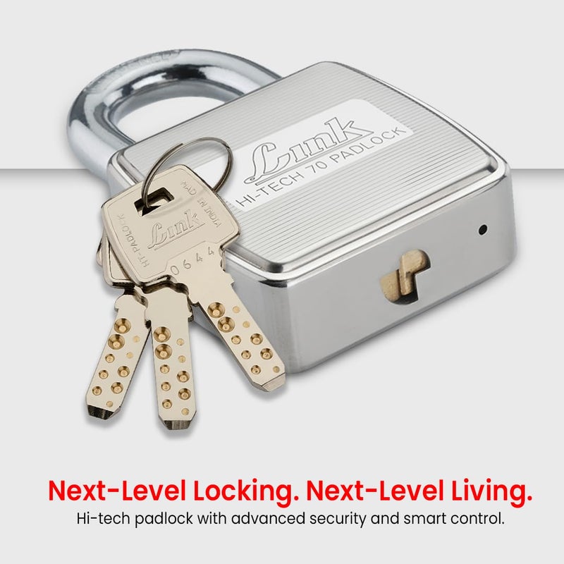 Link قفل ® هاي-تيك 70 مم | جسم من الفولاذ المقاوم للصدأ | قفل مقوى | 1 قفل | 3 مفاتيح فضية مع هاي-تيك نيكل | صنع في الهند | ضمان 15 سنة - Image 2