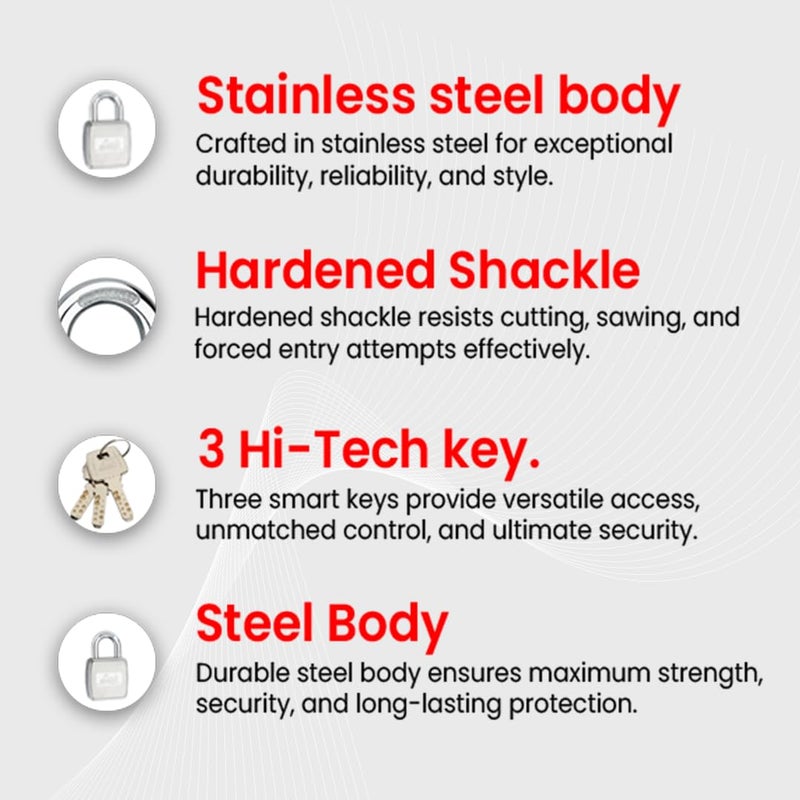 Link قفل ® هاي-تيك 70 مم | جسم من الفولاذ المقاوم للصدأ | قفل مقوى | 1 قفل | 3 مفاتيح فضية مع هاي-تيك نيكل | صنع في الهند | ضمان 15 سنة - Image 4
