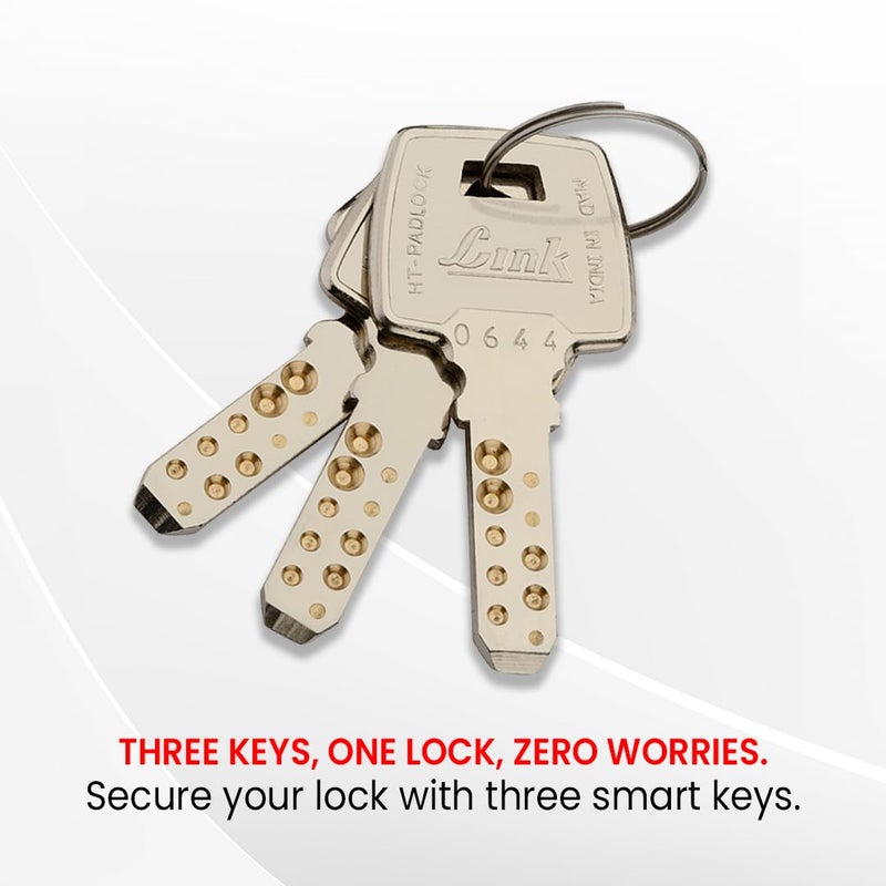 Link قفل ® هاي-تيك 70 مم | جسم من الفولاذ المقاوم للصدأ | قفل مقوى | 1 قفل | 3 مفاتيح فضية مع هاي-تيك نيكل | صنع في الهند | ضمان 15 سنة - Image 3