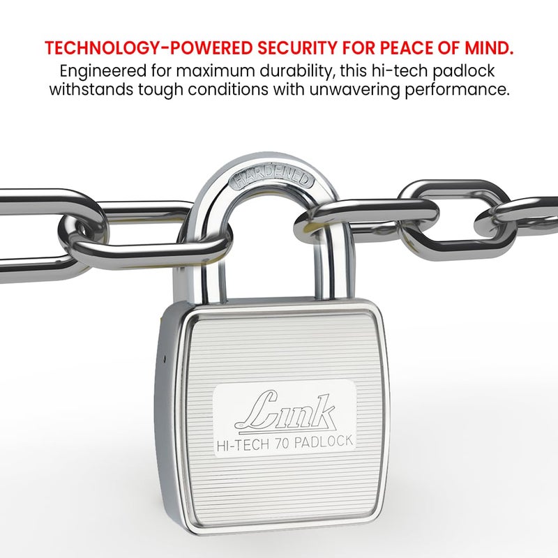 Link قفل ® هاي-تيك 70 مم | جسم من الفولاذ المقاوم للصدأ | قفل مقوى | 1 قفل | 3 مفاتيح فضية مع هاي-تيك نيكل | صنع في الهند | ضمان 15 سنة - Image 5