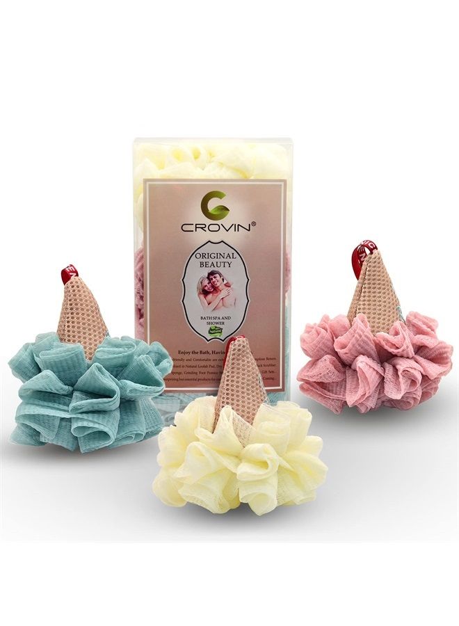 CROVIN CROIN Ice Cream Shower Pouf (Set of 3) Assorted Colors Bath Mesh Sponge Ball Exfoliating Body Scrubber for Women, Men and Children - Image 1