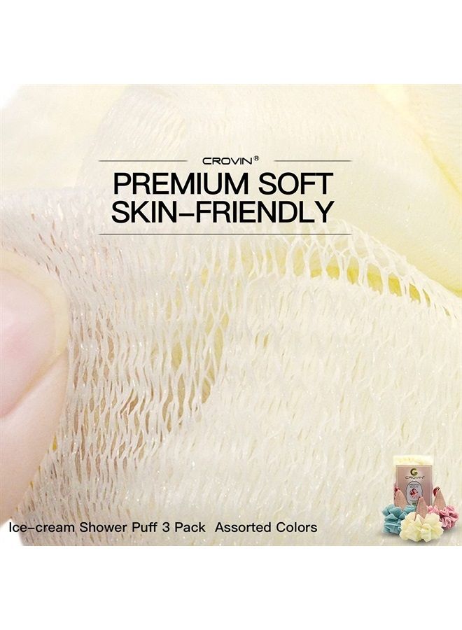 CROVIN CROIN Ice Cream Shower Pouf (Set of 3) Assorted Colors Bath Mesh Sponge Ball Exfoliating Body Scrubber for Women, Men and Children - Image 2