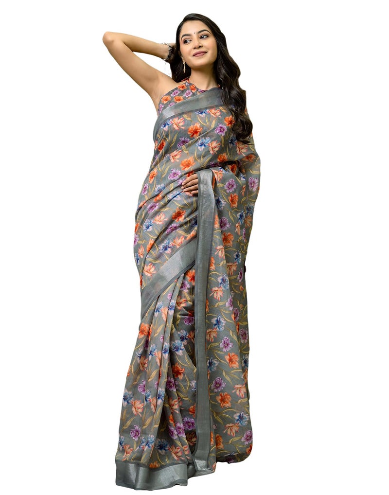 SIRIL Women's Cotton Linen Printed Ready To Wear Saree with Unstitched Blouse Piece (53RS126_Grey) - Image 1