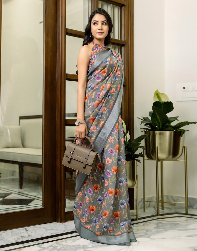 SIRIL Women's Cotton Linen Printed Ready To Wear Saree with Unstitched Blouse Piece (53RS126_Grey) - Image 2